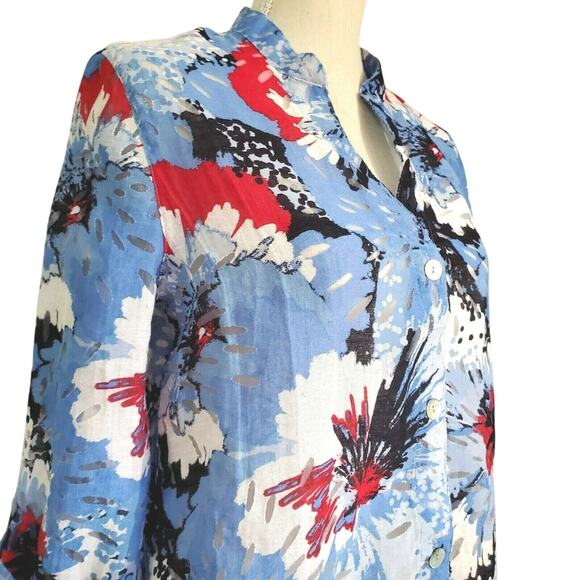 Brielle Blvd Burnout Top Size 8 Blue & Red Floral Semi Sheer Pearl Buttons Retro - Picture 3 of 12